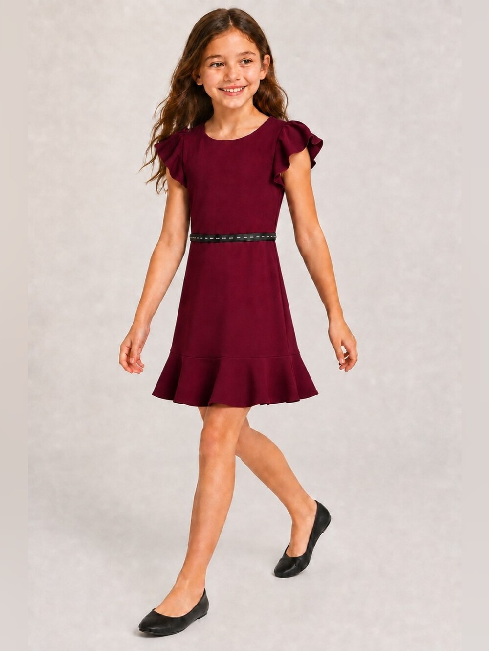 Girls' Burgundy Fit-and-Flare Dress with Ruffle Sleeves